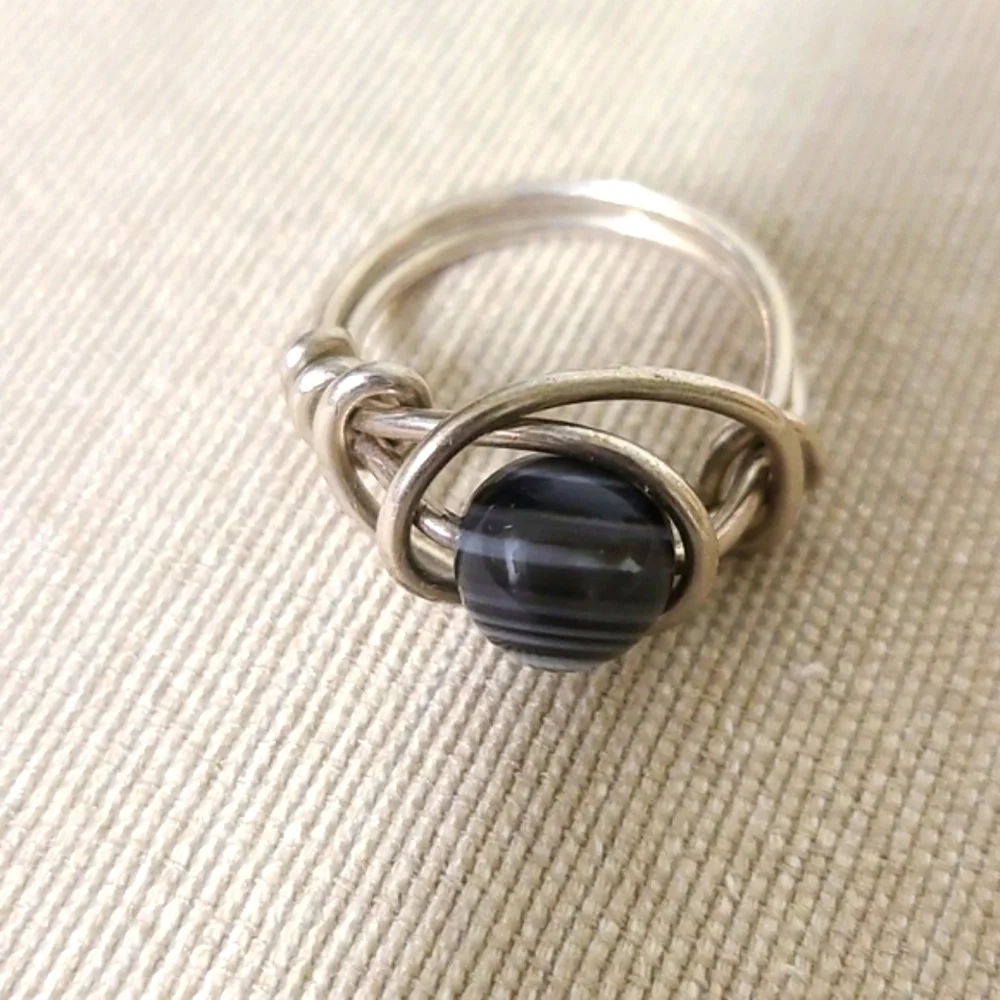 - Handmade Wire Ring with Black/Grey Stone Size 7